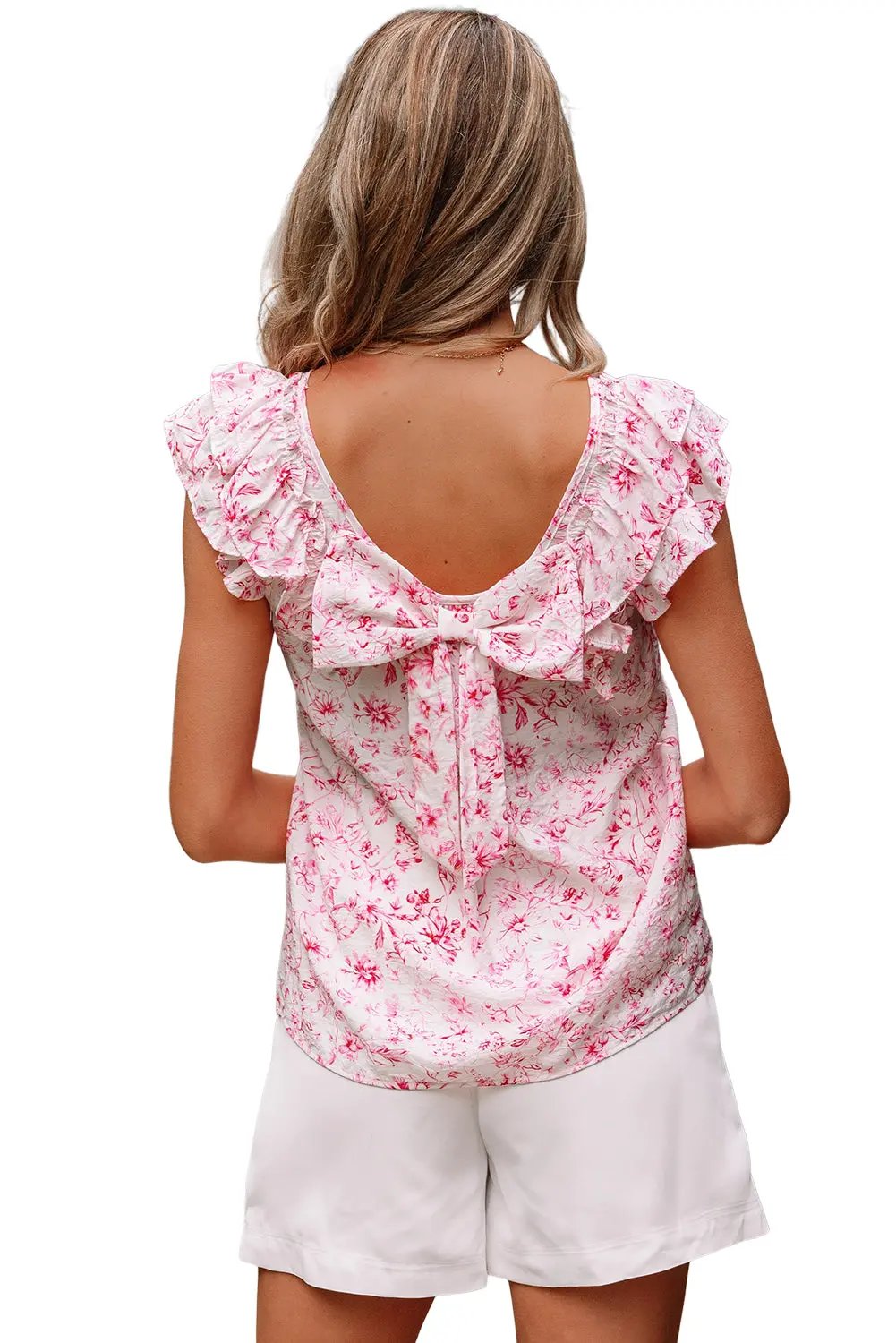 Pink Floral Ruffled Short Sleeve Bow Back Square Neck Blouse Love Salve